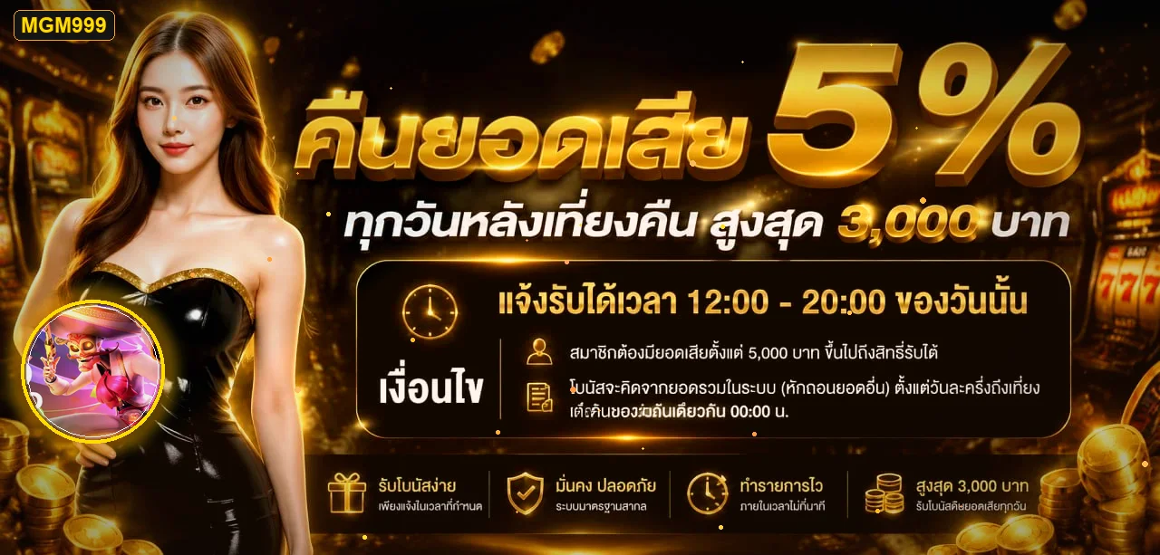 ภาพสิทธิประโยชน์ MGM999 พร้อมตัวละครเกมและโทนสีทอง
